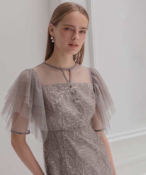 LEJA チュールスリーブボタニカルマーメイドワンピースドレス グレー　M LEJA】チュールスリーブボタニカルマーメイドワンピースドレス美脚効果