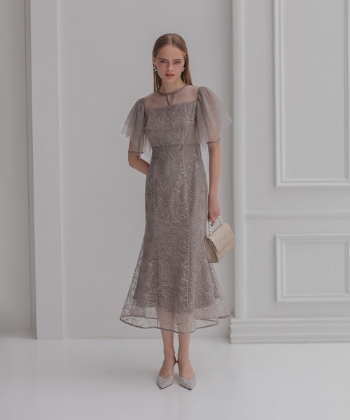 Leja(レジャ)の「【LEJA】チュールスリーブボタニカルマーメイドワンピースドレス美脚効果結婚式 パーティードレス 成人式 二次会 同窓会 お呼ばれ オケージョン 20代 30代(ドレス・レディース・グレー/グリーン・SMALL/MEDIUM)」の5枚目の写真
