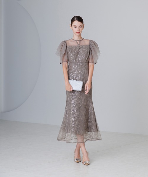 セール】【LEJA】チュールスリーブボタニカルマーメイドワンピース