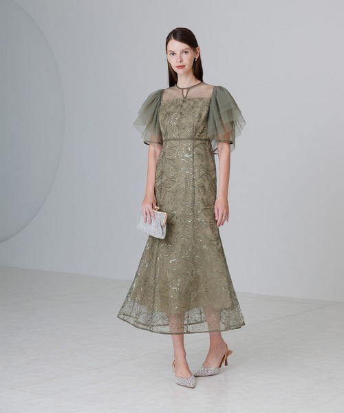 LEJA】チュールスリーブボタニカルマーメイドワンピースドレス美脚効果