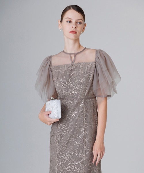 LEJA】チュールスリーブボタニカルマーメイドワンピースドレス美脚効果