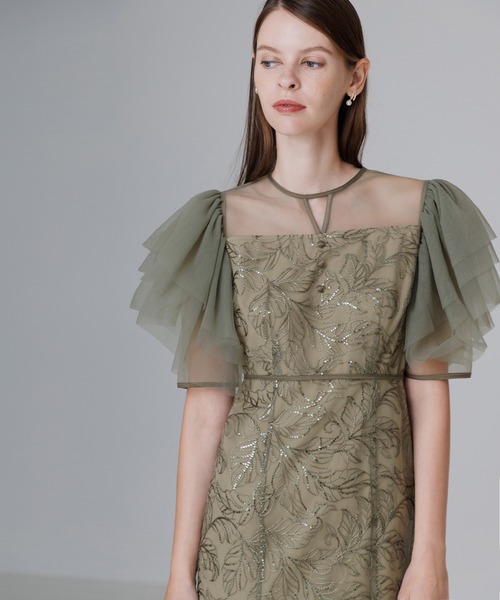 LEJA】チュールスリーブボタニカルマーメイドワンピースドレス美脚効果