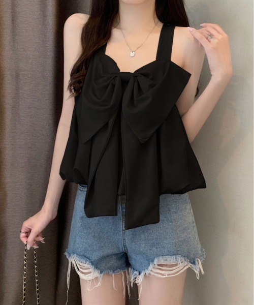 kirakiraShop(キラキラショップ)の「前後 2WAY ビッグ リボン キャミ トップス(タンクトップ・レディース・ホワイト/ブラック/ピンク/ブルー/クリーム・FREE)」の9枚目の写真