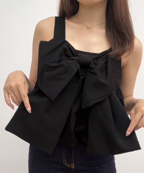 d.i.a. ストライプリボンタンクトップ ブラック 2color 】レースアップリボンカットアウトリブショートタンク