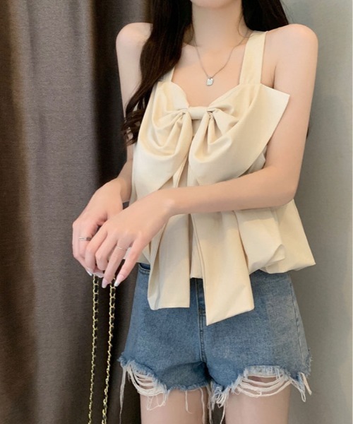 kirakiraShop(キラキラショップ)の「前後 2WAY ビッグ リボン キャミ トップス(タンクトップ・レディース・ホワイト/ブラック/ピンク/ブルー/クリーム・FREE)」の13枚目の写真