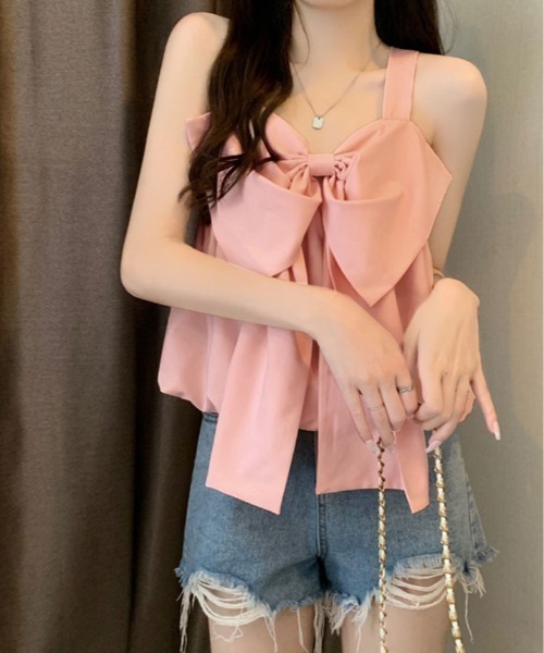 kirakiraShop(キラキラショップ)の「前後 2WAY ビッグ リボン キャミ トップス(タンクトップ・レディース・ホワイト/ブラック/ピンク/ブルー/クリーム・FREE)」の18枚目の写真
