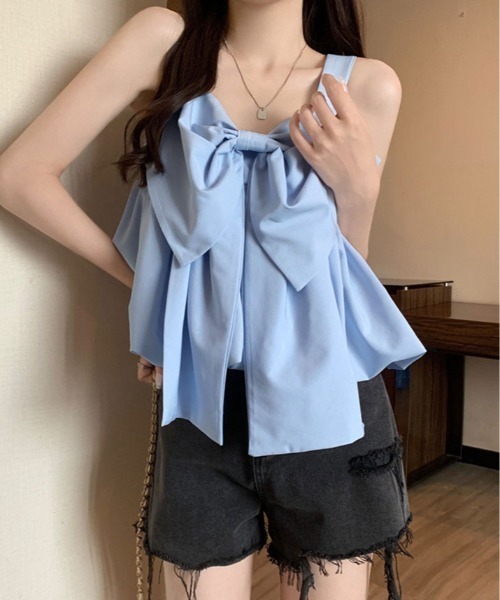 kirakiraShop(キラキラショップ)の「前後 2WAY ビッグ リボン キャミ トップス(タンクトップ・レディース・ホワイト/ブラック/ピンク/ブルー/クリーム・FREE)」の16枚目の写真