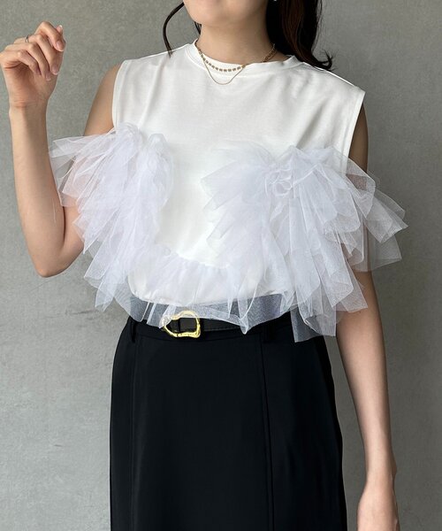 Thevon(ゼボン)の「チュールビスチェドッキングノースリプルオーバー(Tシャツ/カットソー・レディース・ブラック/オフホワイト・FREE)」の1枚目の写真