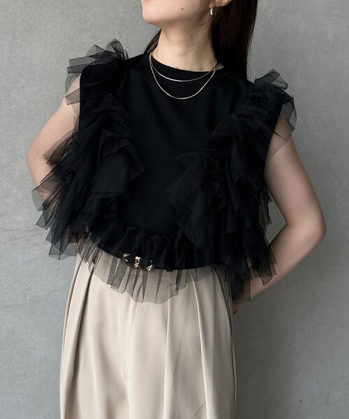 Thevon(ゼボン)の「チュールビスチェドッキングノースリプルオーバー(Tシャツ/カットソー・レディース・ブラック/オフホワイト・FREE)」の2枚目の写真