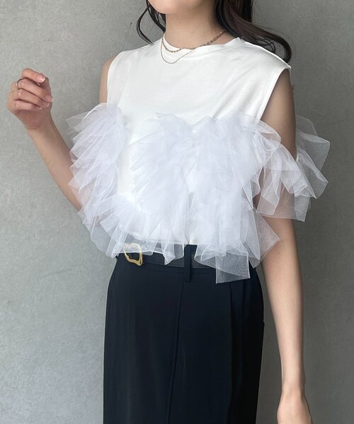 Thevon(ゼボン)の「チュールビスチェドッキングノースリプルオーバー(Tシャツ/カットソー・レディース・ブラック/オフホワイト・FREE)」の5枚目の写真