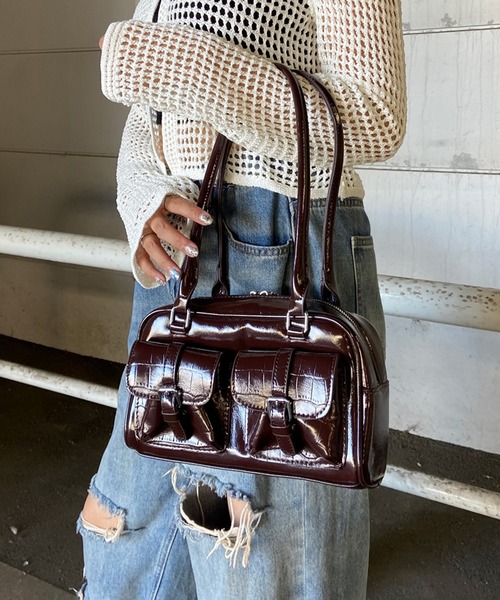 BALLY ボストンバッグ レザー クロコ型押し ブラウン クロコ型押しレザーハンドバッグ ブラウン ヴィンテージ|バリー