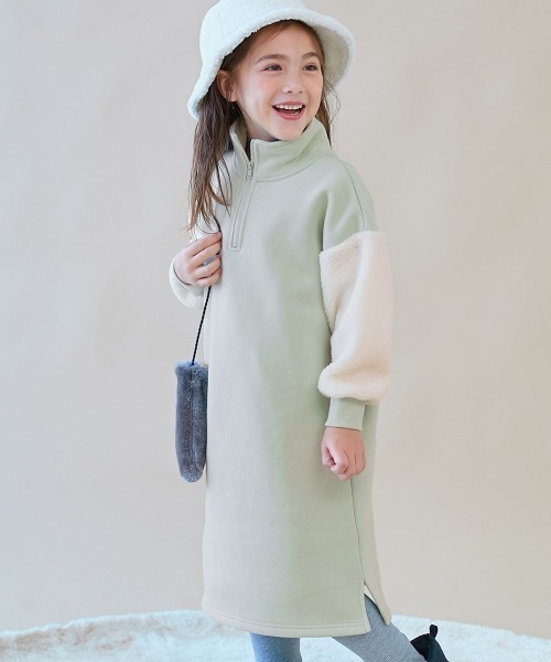 セール】スフレスウェット 袖ボア ハーフジップ 裏起毛ワンピース