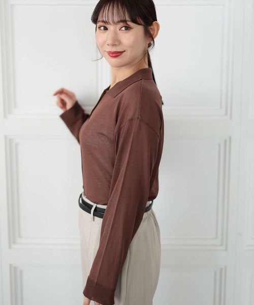 Ruwan yu（ルワンユー）の「リネンライクシアーポロカーディガン【大きいサイズ対応】（カーディガン/ボレロ・レディース・ブラウン・4L/3L/LL/L）」の3枚目の写真