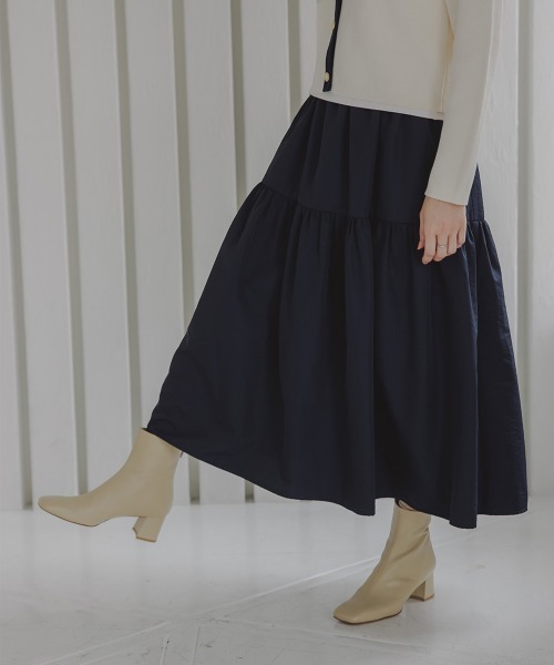 Petitjo（プッチージョ）の「小さいサイズ　タフタギャザーティアードスカート　低身長さん・小柄女性（スカート・レディース・ネイビー/ホワイト・XS-S/M-L）」の9枚目の写真