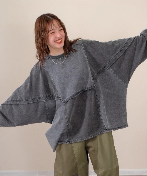mililopiulu ケミカルデニム裏毛フーディーパーカー mililopiulu/ミリロピュール ケミカルデニム裏毛ドルマンプル