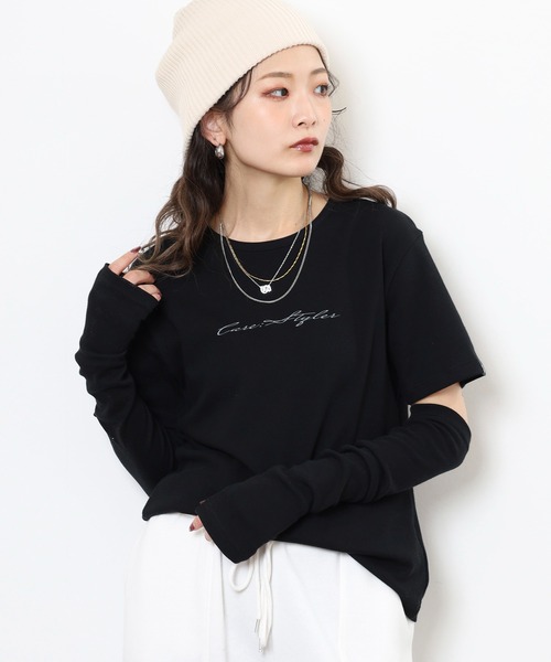 FUNALIVE(ファンアライブ)の「オーガニックコットン100%+テラヘルツ鉱石プリント+シリカ加工 フィットTシャツ+アームカバー(Tシャツ/カットソー・レディース・オフホワイト/ブラック・L/M)」の2枚目の写真