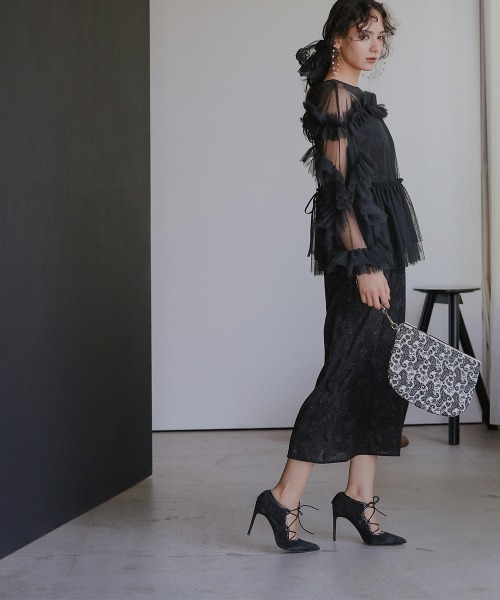 Callarus(カラルス)の「チュールフリルブラウス+シャイニーキャミワンピースドレス〔Callarus〕(ドレス・レディース・ブラック×ブラック・M/L)」の9枚目の写真