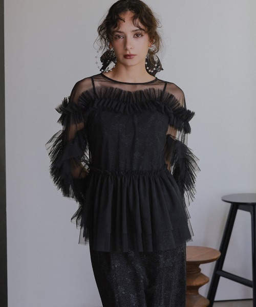 Callarus(カラルス)の「チュールフリルブラウス+シャイニーキャミワンピースドレス〔Callarus〕(ドレス・レディース・ブラック×ブラック・M/L)」の10枚目の写真