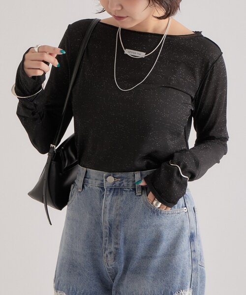 mystic(ミスティック)の「【レイヤードスタイルに◎】ラメチュールプルオーバー(Tシャツ/カットソー・レディース・ブラック/ベージュ/ブルー/アイボリー・FREE)」の1枚目の写真