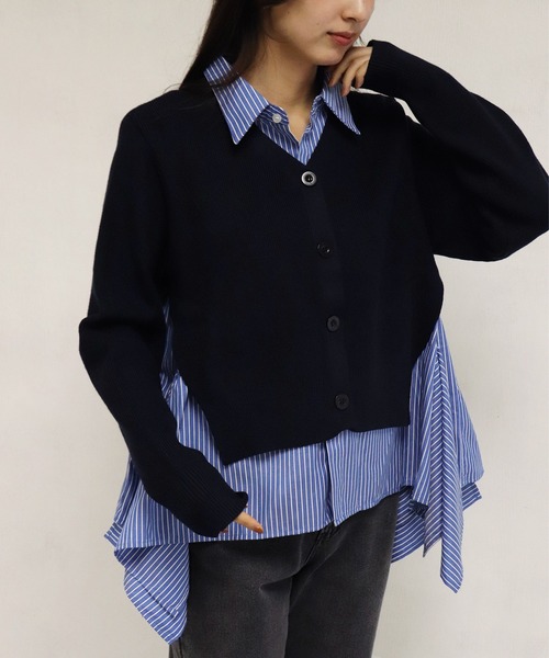 WESTSEA(ウエストシー)の「レイヤード風 シャツドッキングカーディガン(カーディガン/ボレロ・レディース・ホワイト/ネイビー/ブラック・FREE)」の3枚目の写真