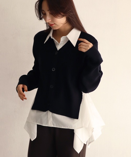 WESTSEA(ウエストシー)の「レイヤード風 シャツドッキングカーディガン(カーディガン/ボレロ・レディース・ホワイト/ネイビー/ブラック・FREE)」の9枚目の写真