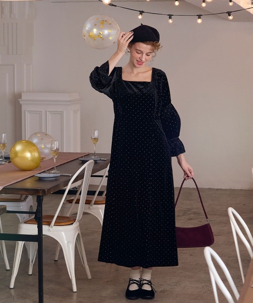 ルネ 黒ベロアパールジップアップワンピース ベロア ロング ワンピース セットアップ ベルベット レディース フレア