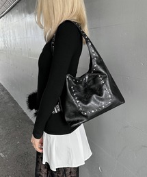 jiasecond.（ジアセカンド）の「【jiasecond.】合皮スタッズトートバッグ / バッグ 鞄 BAG トート ワンショルダー カシメ 鋲 合皮 合成皮革 エナメル風 ブラック ブラウン ZOZOTOWN限定（トートバッグ）」