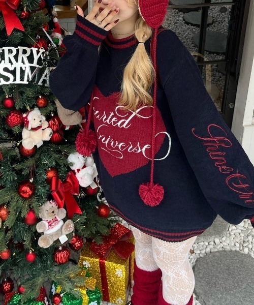 continuer de NICE CLAUP（コンティニューデナイスクラップ）の「【HolidayCollection】モールハートBIGニット（ニット/セーター・レディース・オフホワイト/ボルドー/ピンク/ネイビー・FREE）」の3枚目の写真