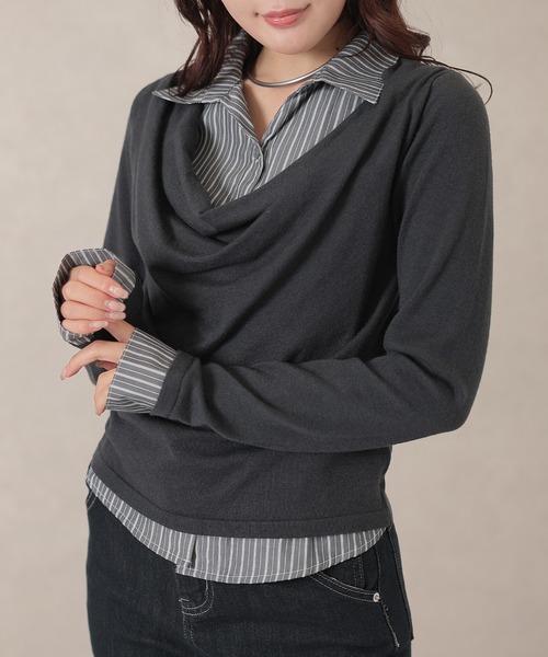 Lace Ladies(レースレディース)の「コットン混 ドレープネック シャツ フェイクレイヤード ニット プルオーバー(ニット/セーター・レディース・アイボリー/グレー/チャコールグレー・FREE)」の2枚目の写真