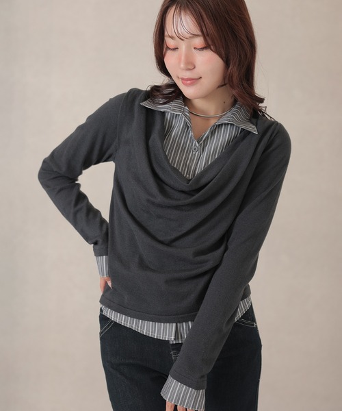 Lace Ladies(レースレディース)の「コットン混 ドレープネック シャツ フェイクレイヤード ニット プルオーバー(ニット/セーター・レディース・アイボリー/グレー/チャコールグレー・FREE)」の10枚目の写真