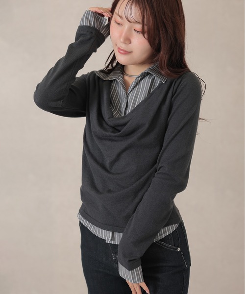 Lace Ladies(レースレディース)の「コットン混 ドレープネック シャツ フェイクレイヤード ニット プルオーバー(ニット/セーター・レディース・アイボリー/グレー/チャコールグレー・FREE)」の14枚目の写真