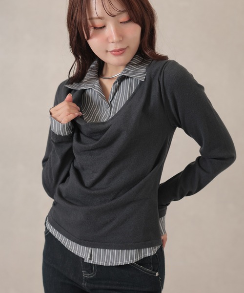Lace Ladies(レースレディース)の「コットン混 ドレープネック シャツ フェイクレイヤード ニット プルオーバー(ニット/セーター・レディース・アイボリー/グレー/チャコールグレー・FREE)」の15枚目の写真