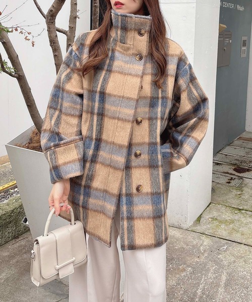 SOELA(ソエラ)の「スタンドカラーシャギーコート(ステンカラーコート・レディース・その他1/チェック・M)」の3枚目の写真