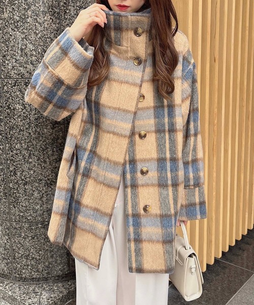 SOELA(ソエラ)の「スタンドカラーシャギーコート(ステンカラーコート・レディース・その他1/チェック・M)」の9枚目の写真