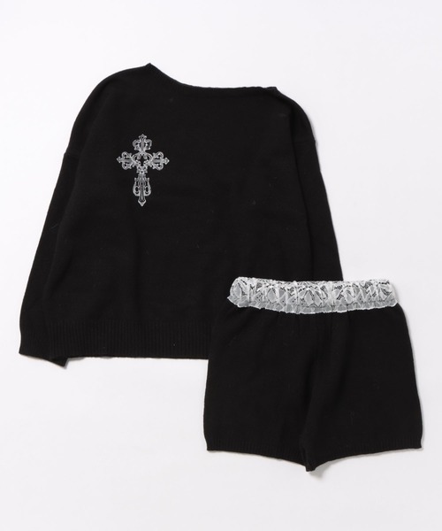 セール】【上下2点セット】ワンショルダー十字架プリントニット