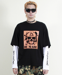 スカルグラフィックダブルスリーブ長袖Tシャツブラック