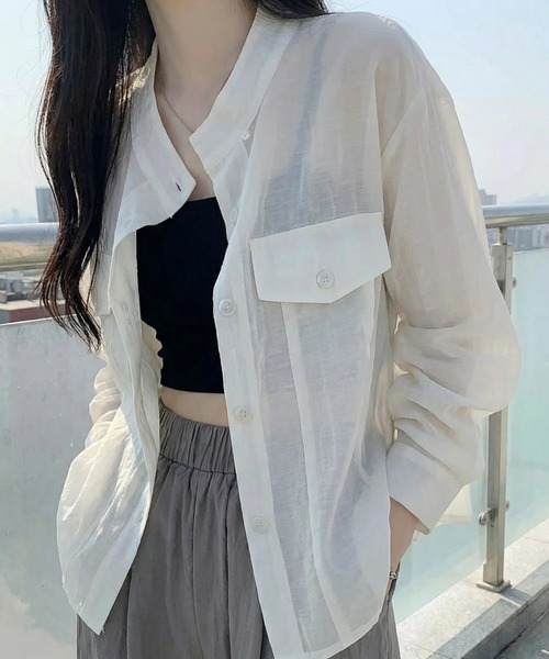 cammie(キャミー)の「ノーカラーシャツジャケット(ノーカラージャケット・レディース・ベージュ/アイボリー/ブラック・M/L)」の1枚目の写真