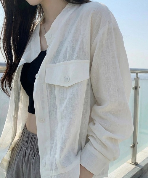 cammie(キャミー)の「ノーカラーシャツジャケット(ノーカラージャケット・レディース・ベージュ/アイボリー/ブラック・M/L)」の4枚目の写真