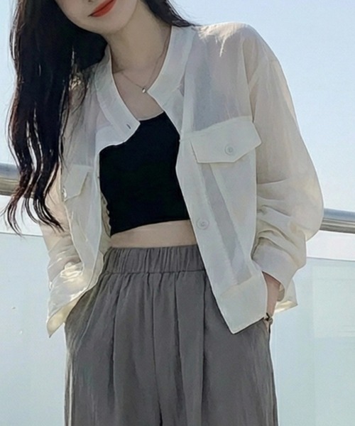 cammie(キャミー)の「ノーカラーシャツジャケット(ノーカラージャケット・レディース・ベージュ/アイボリー/ブラック・M/L)」の5枚目の写真