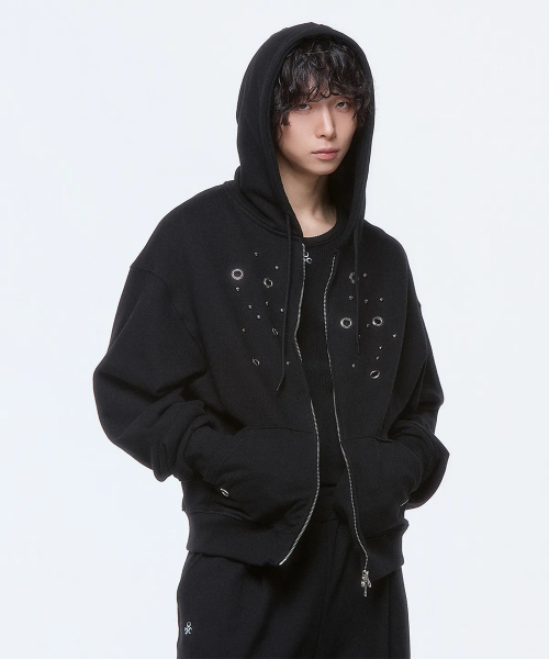 DAUSPICE(ディーオスピス)の「(DUC) Eyelet Stud Hoodie Zip-up Black(パーカー・レディース・ブラック・LARGE/MEDIUM/X-LARGE)」の3枚目の写真