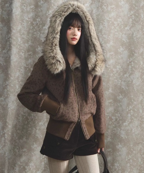 セール】エコファーフード付き ヒョウ柄裏起毛ブルゾン（ブルゾン