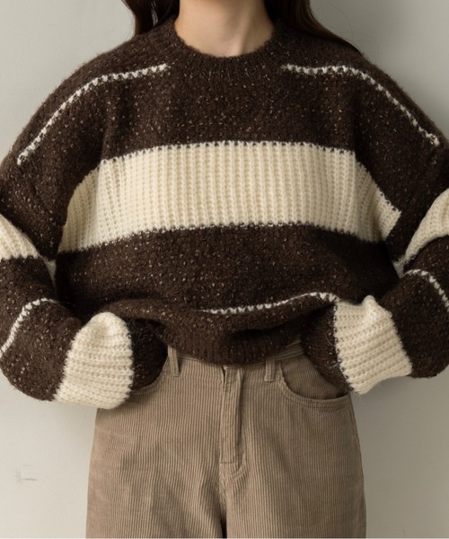 lawgy(ラウジー)の「drop shoulder mix random border knit / ドロップショルダーミックスランダムボーダーニット(ニット/セーター・レディース・ブラウン/ミント・FREE)」の2枚目の写真