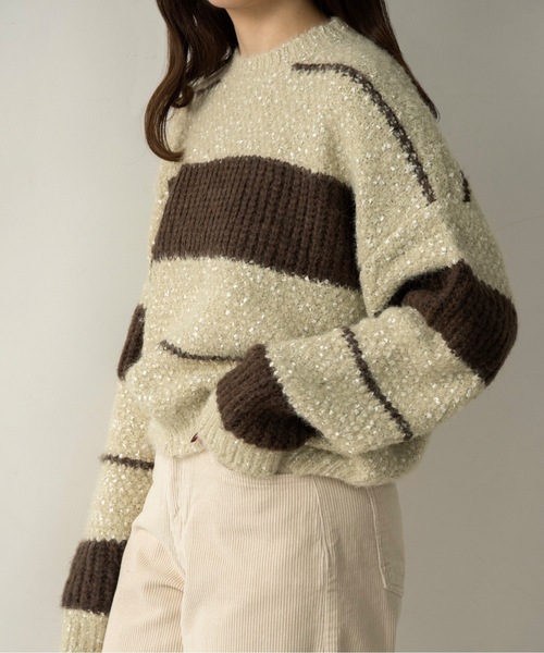 lawgy(ラウジー)の「drop shoulder mix random border knit / ドロップショルダーミックスランダムボーダーニット(ニット/セーター・レディース・ブラウン/ミント・FREE)」の1枚目の写真