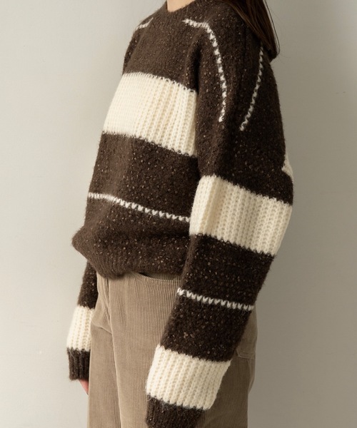lawgy(ラウジー)の「drop shoulder mix random border knit / ドロップショルダーミックスランダムボーダーニット(ニット/セーター・レディース・ブラウン/ミント・FREE)」の12枚目の写真