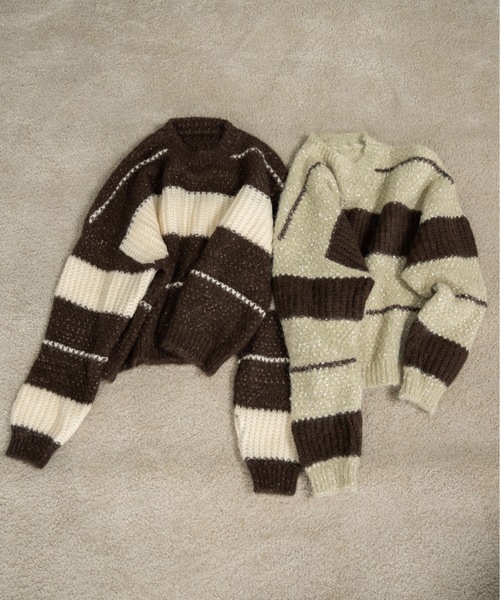 lawgy(ラウジー)の「drop shoulder mix random border knit / ドロップショルダーミックスランダムボーダーニット(ニット/セーター・レディース・ブラウン/ミント・FREE)」の7枚目の写真