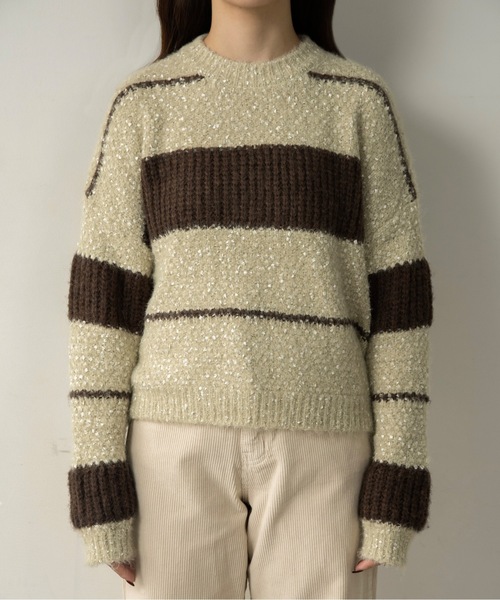 lawgy(ラウジー)の「drop shoulder mix random border knit / ドロップショルダーミックスランダムボーダーニット(ニット/セーター・レディース・ブラウン/ミント・FREE)」の10枚目の写真