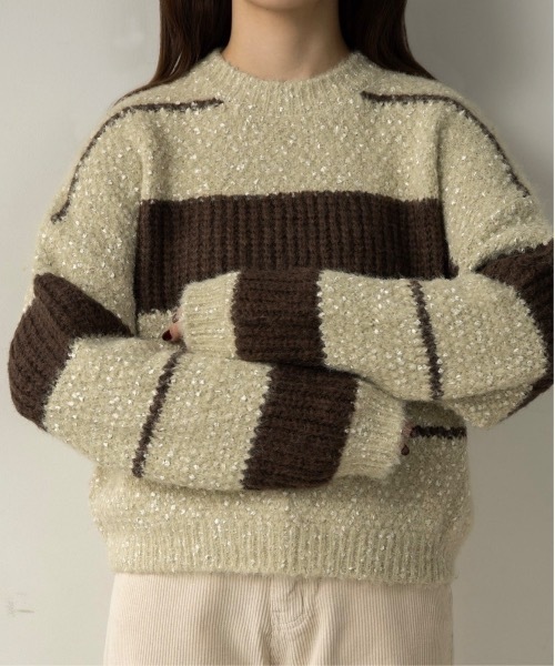 lawgy(ラウジー)の「drop shoulder mix random border knit / ドロップショルダーミックスランダムボーダーニット(ニット/セーター・レディース・ブラウン/ミント・FREE)」の8枚目の写真