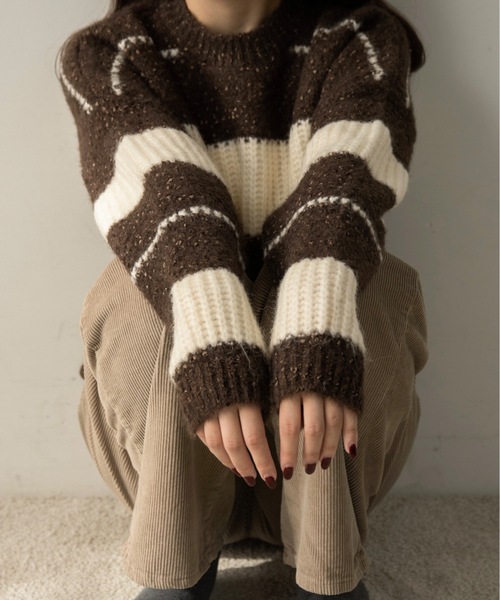 lawgy(ラウジー)の「drop shoulder mix random border knit / ドロップショルダーミックスランダムボーダーニット(ニット/セーター・レディース・ブラウン/ミント・FREE)」の13枚目の写真