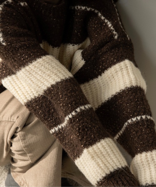 lawgy(ラウジー)の「drop shoulder mix random border knit / ドロップショルダーミックスランダムボーダーニット(ニット/セーター・レディース・ブラウン/ミント・FREE)」の14枚目の写真