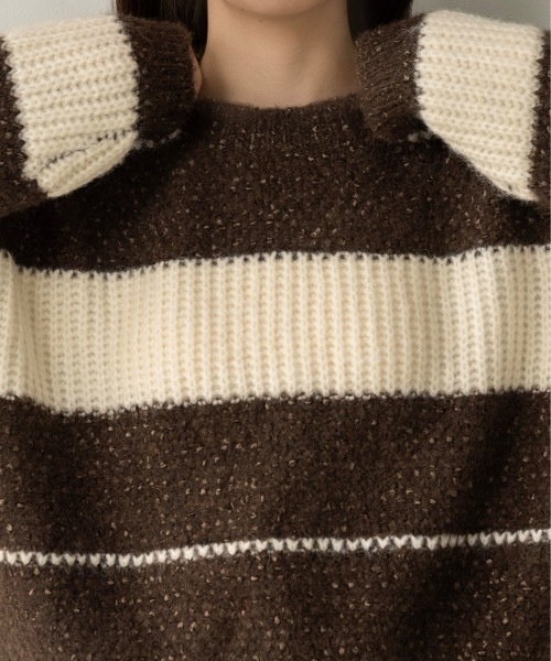 lawgy(ラウジー)の「drop shoulder mix random border knit / ドロップショルダーミックスランダムボーダーニット(ニット/セーター・レディース・ブラウン/ミント・FREE)」の15枚目の写真